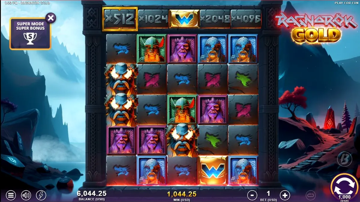 Giao diện trò chơi Ragnarok Gold với các biểu tượng thần thoại Bắc Âu rực rỡ